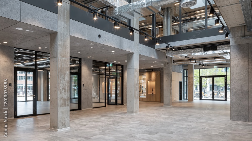 Fototapeta premium Spacious Modern Open Plan Office Interior with Concrete Pillars and Natural Light