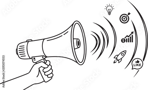 Hand holding megaphone with business icons