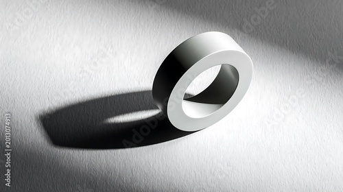 White ring shape casting a long dark shadow on a textured paper surface