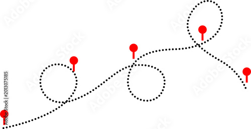 Dotted path with red location pins and circles isolated on transparent background