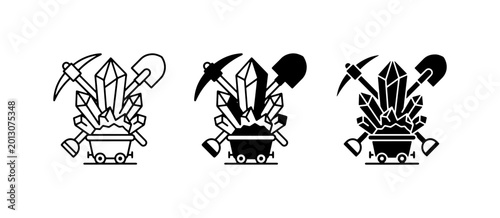 Fotografía Mining Icons Set: Crystals, Pickaxe, Shovel, and Mine Cart, Vector Graphics for