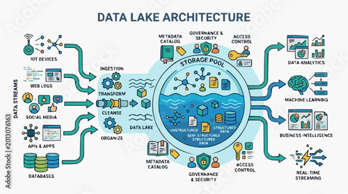Data Lake Architecture Diagram: An intricate illustration of a data lake's architecture, showcasing the flow of data from various sources to storage, processing, and analysis.