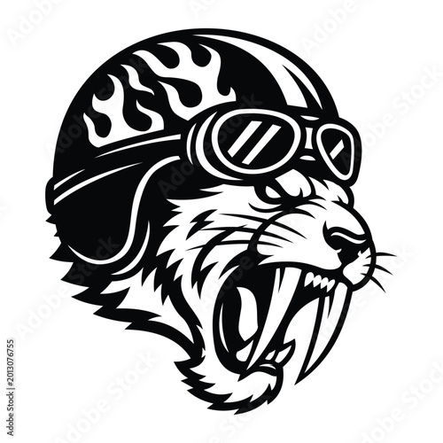Roaring Sabertooth Tiger Head with Vintage Biker Helmet