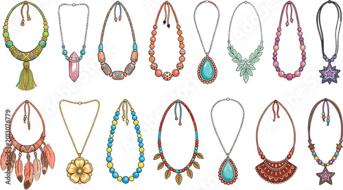 Schilderij op canvas Bohemian Necklace Collection Featuring Beaded Gemstone Feather and Tribal Jewelr