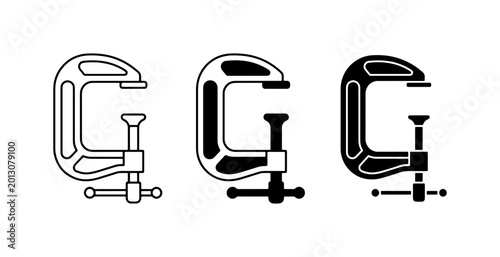 Photos C-Clamp Icons Set, Metal Clamping Tool Vector Graphics, Workshop Equipment Symbo