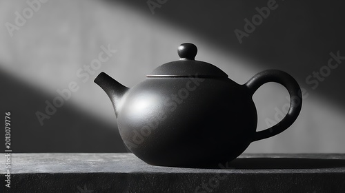 Matte black ceramic teapot on a stone surface with dramatic side lighting