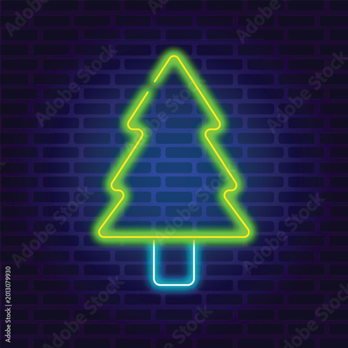 Glowing Neon Christmas Tree Sign on Dark Brick Wall Background, Festive Holiday Light Decoration, Modern Winter Celebration Digital Illustration