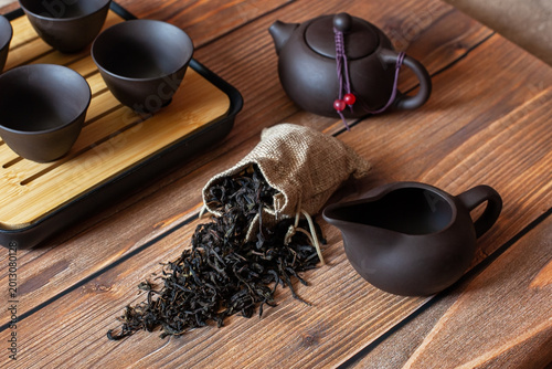  Close-up of a clay tea set