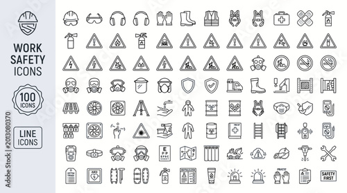Konstfotografi 100_minimalist_monoline_vector_icons,  Work Safety Icons Set Industrial PPE Occu