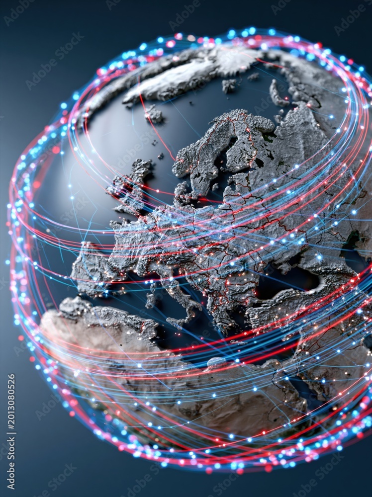 Fototapeta premium Abstract Digital Globe with Interconnected Light Trails Representing Global Networks and Data Flow