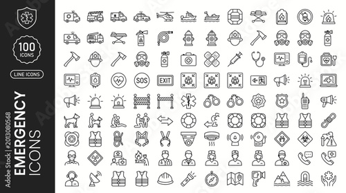 Photos 100_minimalist_monoline_vector_icons,  Emergency Services Icons Bundle Medical F