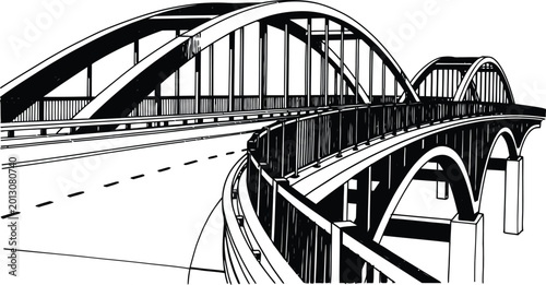 Arched road bridge with multiple spans and supports vector illustration