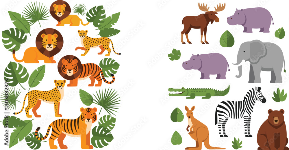 Obraz premium Wild Jungle Animal Collection with Lion Tiger Zebra Elephant and Tropical Leaves Vector Illustration Set for Safari, Wildlife and Nature Design
