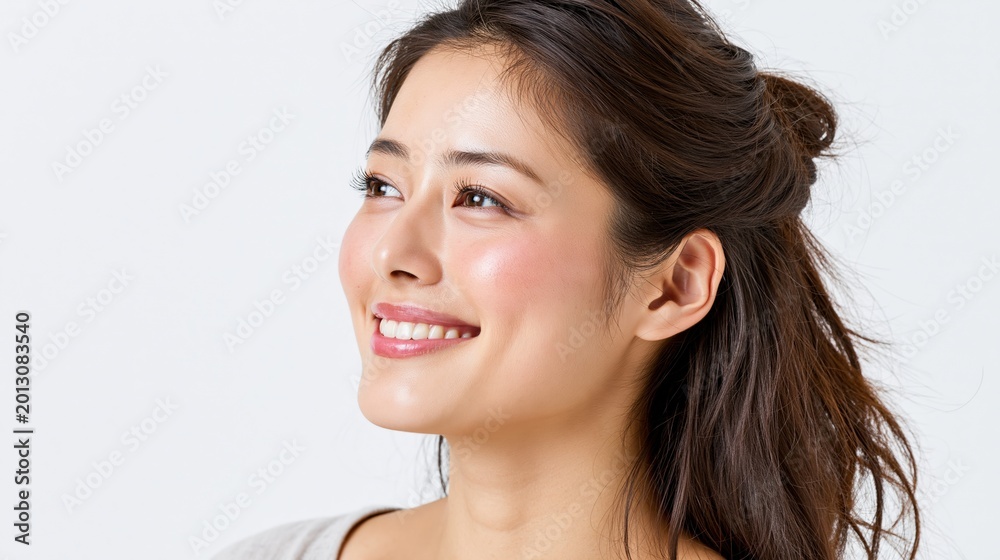 Naklejka premium Young Asian woman with a radiant smile and healthy glowing skin, looking sideways with soft natural light