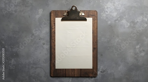 vintage-style clipboard with a rustic, weathered appearance. The clipboard is made of dark, aged wood with visible grain patterns and a metal clip at the top, which is slightly tarnished, 
