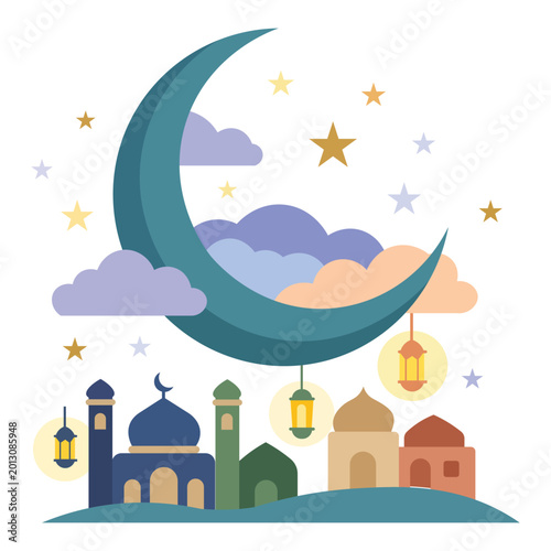 Islamic Mosque Landscape with Crescent Moon, Clouds and Hanging Lanterns Illustration