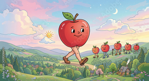 Cartoon apple family walking in countryside