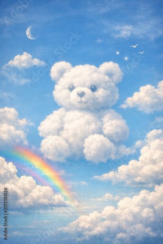 Cloud teddy bear with rainbow in dreamy sky