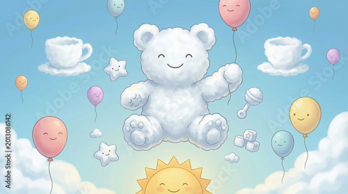 Cloud teddy bear with balloon in whimsical sky