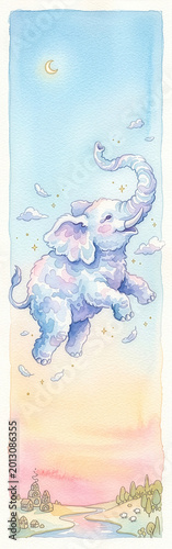 Watercolor cloud elephant over pastel village vertical