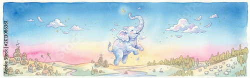 Watercolor cloud elephant over countryside river