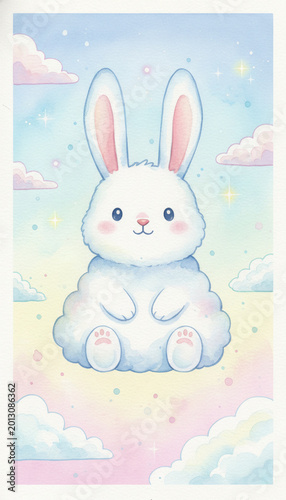 Watercolor cloud bunny in pastel sky