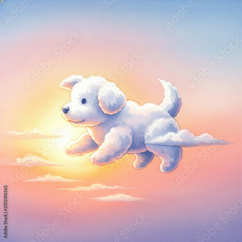 Watercolor cloud puppy in sunset sky