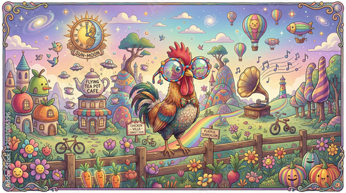 Surreal rooster with glasses in playful landscape