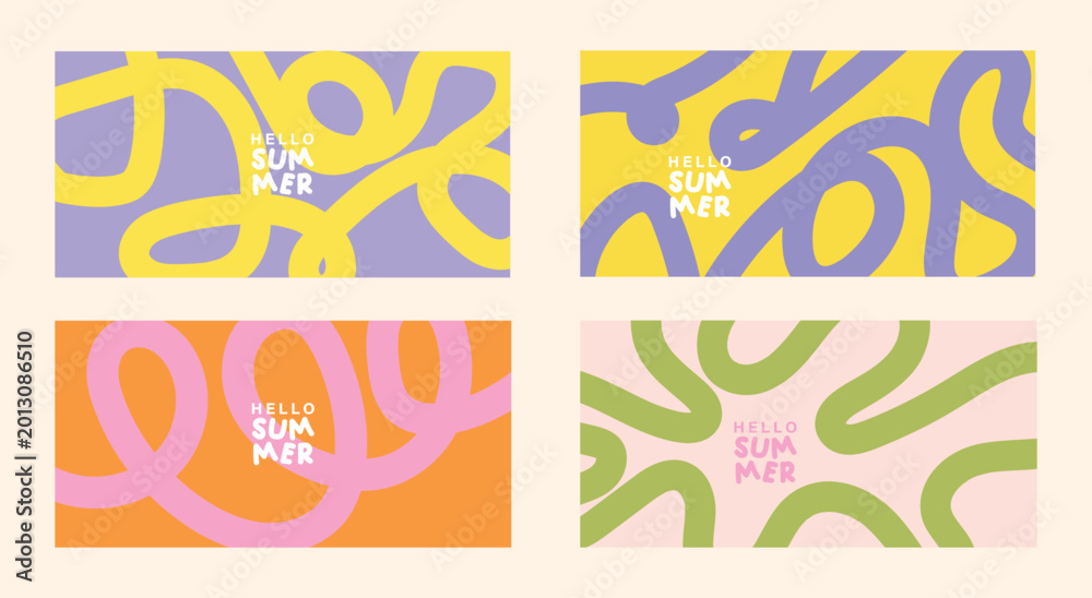 Obraz premium Summer collection four abstract fluid shapes with 'hello summer' text