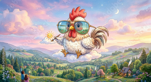 Surreal chicken painting sun in fantasy sky