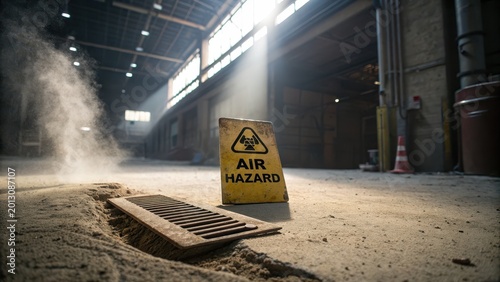 Air Quality Alert in Abandoned Warehouse with Dust and Hazard Sign