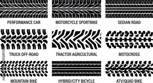 Bild auf Leinwand Tire Tread Patterns Set for Performance Car, Motorcycle, Truck, and Bicycle Desi