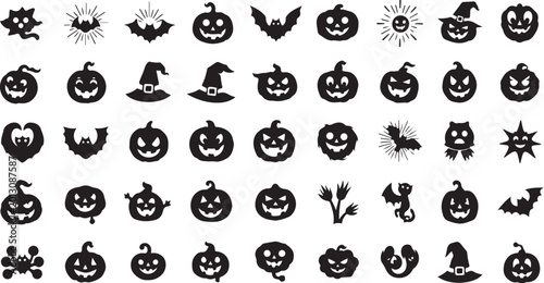 Spooky halloween themed icons collection with pumpkins