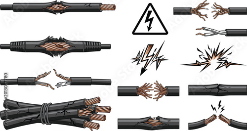 Tableau sur toile Damaged Electrical Cable and Hazard Symbols Set Featuring Frayed Wires, Sparks,