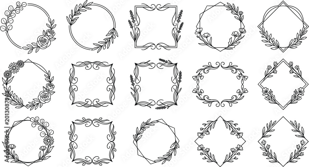 Obraz premium Floral Frame and Border Collection Featuring Circular, Square, and Decorative Designs for Invitations, Certificates, and Decorative Art