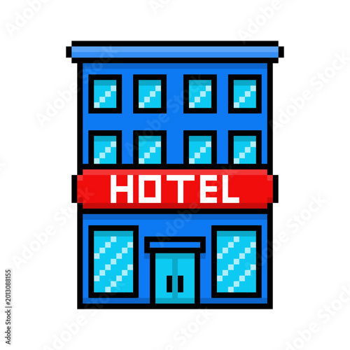 Vector Illustration of Hotel Building with Pixel Art Design