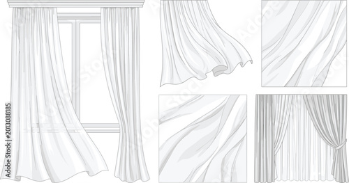 Fotografía Curtain and Drapery Set in Soft White Line Art Style for Interior Design, Home D
