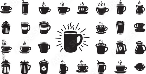 Hot coffee cup and beverage mug silhouette icons vector