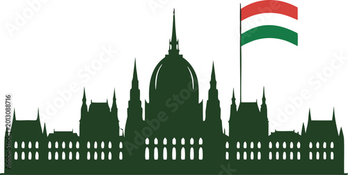 Of hungary 1956 uprising memorial with flag and church silhouette hungarian flag