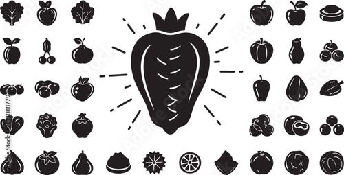 Large strawberry and assorted fruit vegetable icons set