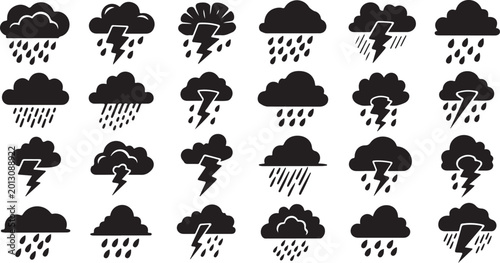 Weather icons set: clouds rain lightning vector