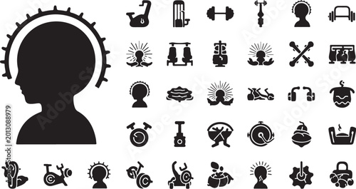 Human head profile cogwheel and diverse concept icons set