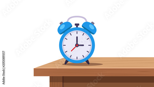 vector illustration of Blue Alarm Clock On Wooden Table Symbolizing Time, Morning Routine, Wake Up And Punctuality