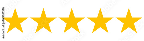 Five golden stars rating icon isolated on white background representing customer review feedback quality ranking and satisfaction symbol