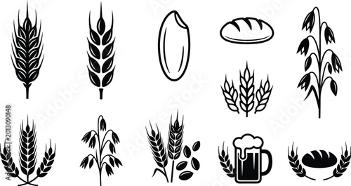 Foto Wheat, Bread, and Beer Icon Set Featuring Grains, Loaves, and Beer Mug for Baker