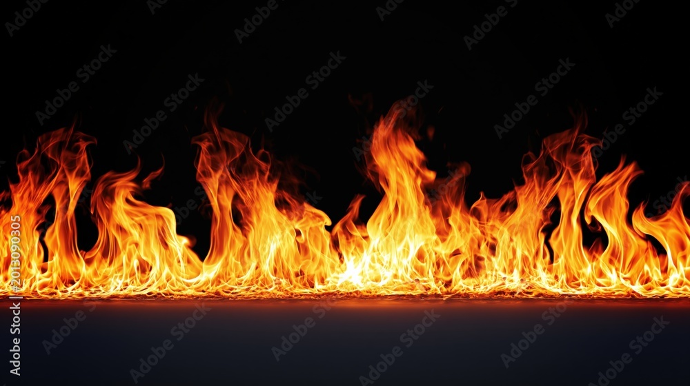 Fototapeta premium Vibrant Orange and Yellow Flames Dancing in a Dark, Fiery Inferno with Black Background