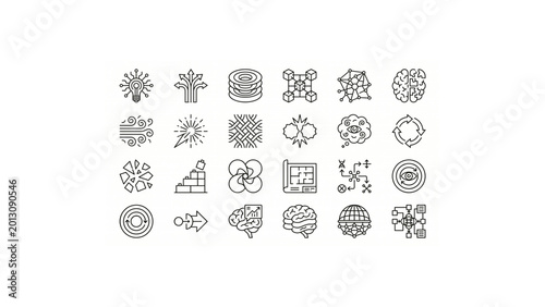 Minimal Thought Architecture Icon Set – Thin Line Black Outline UI, Abstract Cognitive & Mind Structure Vector Icons Grid