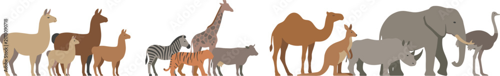 Obraz premium Wild and Domestic Animal Silhouette Collection Vector Illustration Featuring Camel Elephant Zebra Giraffe Kangaroo and Alpaca Isolated on White