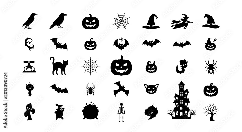 Obraz premium Halloween icons set with witches, bats, pumpkins, spiders, ghosts, haunted house and spooky silhouettes for festive design