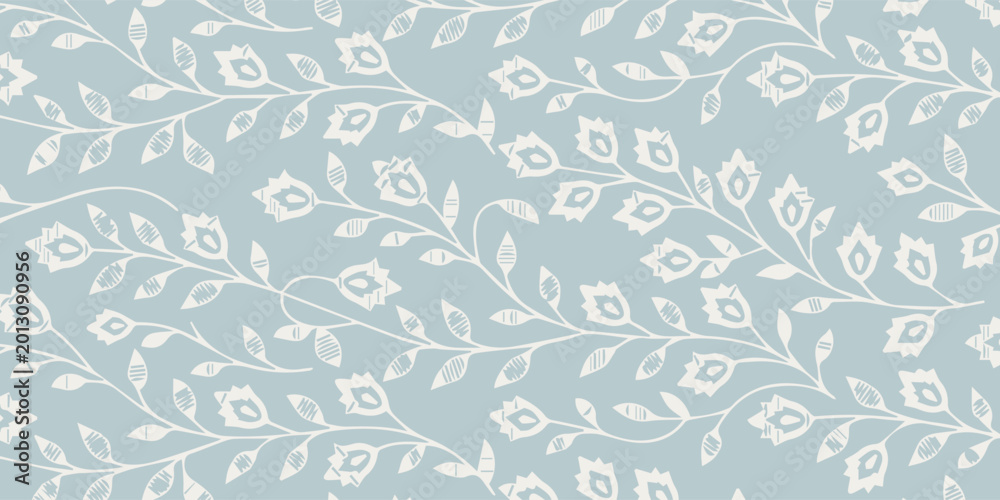 Fototapeta premium Seamless Pattern with Stylized Floral Motifs on a Light Blue Background.